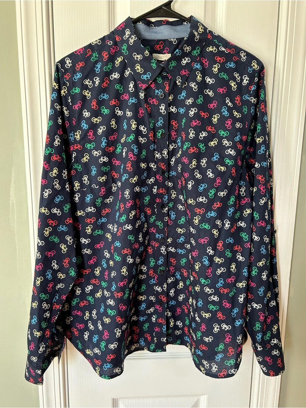 Talbots Women’s L Navy Multicolor Bicycle Print 100% Cotton Button Down Shirt